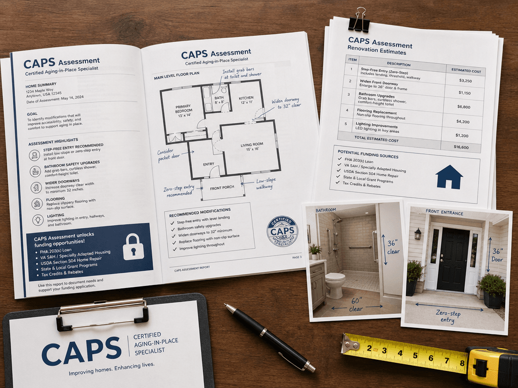 Flat lay on a wooden desk showing an open CAPS assessment report with a home floor plan and accessibility notes, itemized renovation estimates clipped together, color printed photographs of a bathroom and entrance with handwritten annotations, a clipboard, measuring tape, and pen