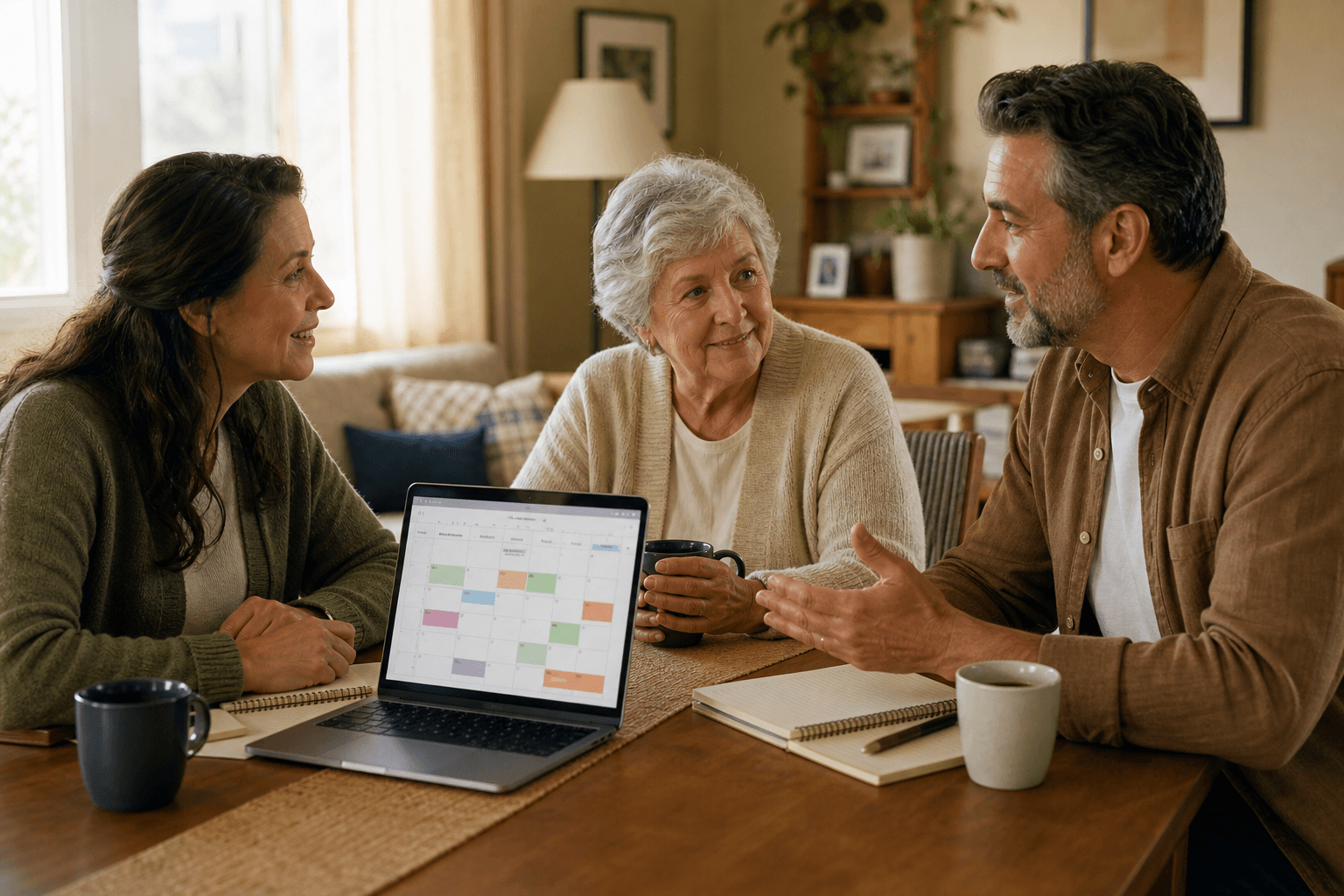 Two adult siblings sit with an elderly parent around a living room table in a calm family meeting. A laptop showing a shared calendar is open on the table alongside notebooks and coffee cups. Soft window light illuminates the cooperative scene.