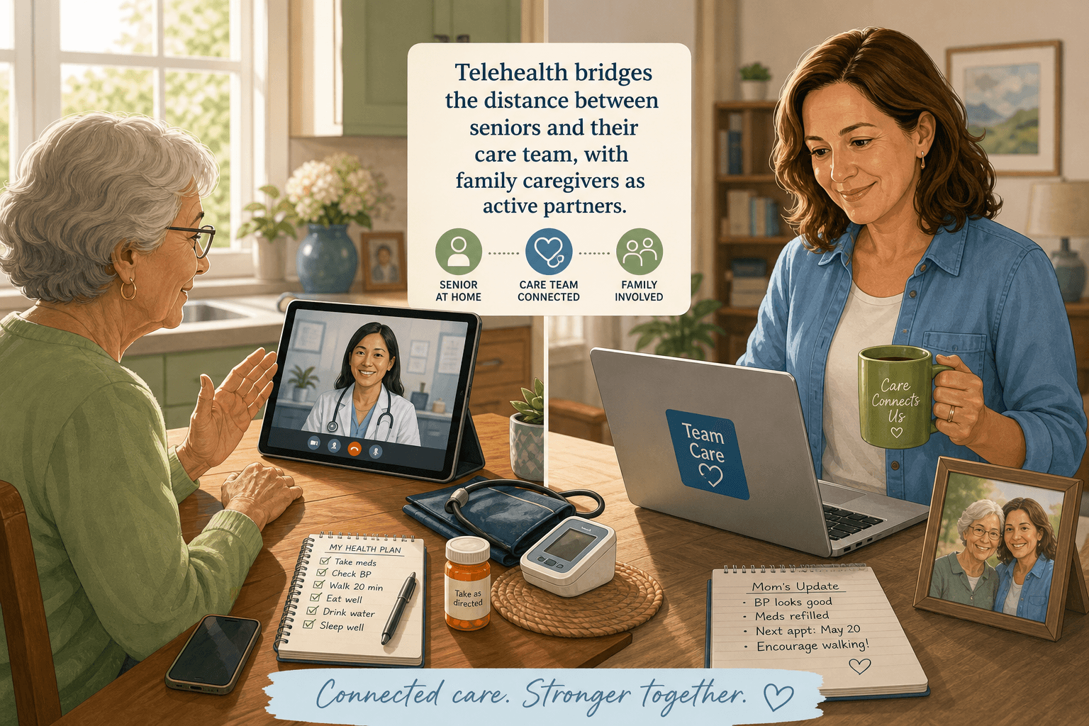 A warm split-scene illustration showing an older adult talking to a doctor on a tablet with a caregiver nearby.