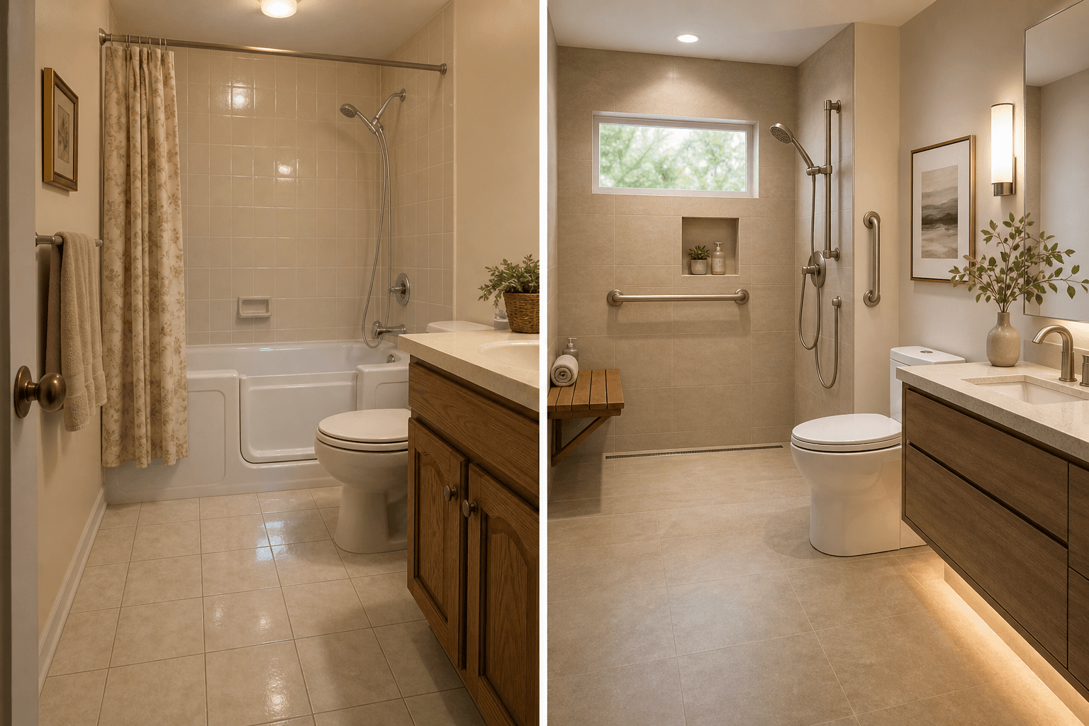 Split-composition bathroom scene showing a standard high-sided bathtub on the left and a renovated aging-in-place bathroom with curbless shower and grab bars on the right.