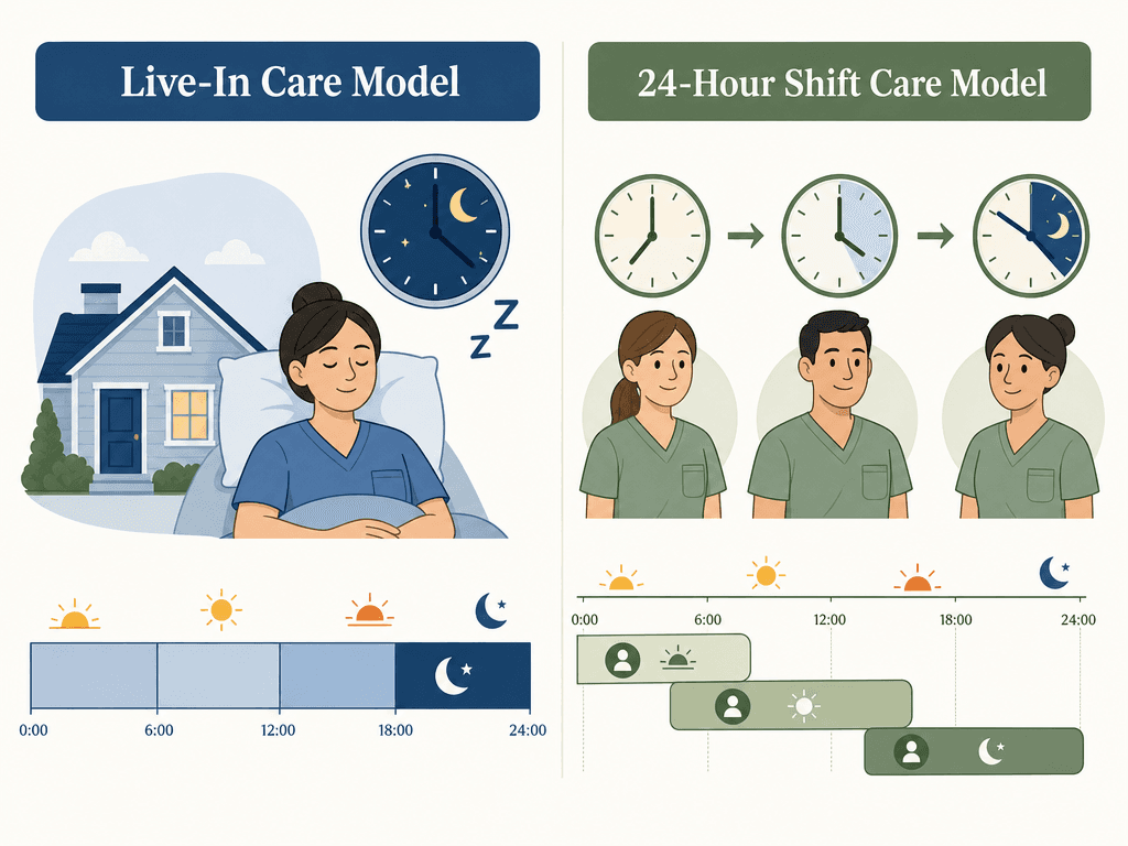 Side-by-side editorial illustration of two staffing models: left side shows a single caregiver icon with a house and night-time clock with a Z icon representing a live-in caregiver who sleeps overnight, with a timeline showing daytime active blocks and nighttime rest; right side shows three caregiver icons in sequence with clocks at different times representing rotating shift care, with a timeline of three overlapping awake shift blocks covering 24 hours.