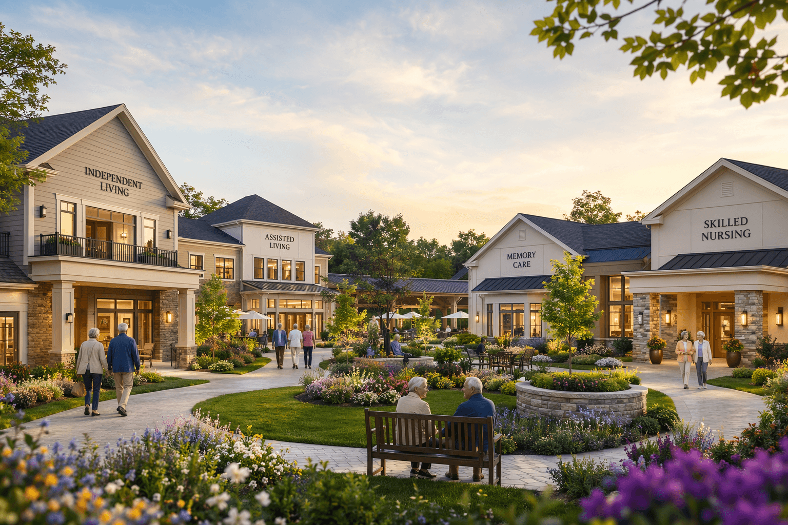 A continuing care retirement community campus with connected buildings for independent living, assisted living, memory care, and skilled nursing, connected by pathways and gardens.
