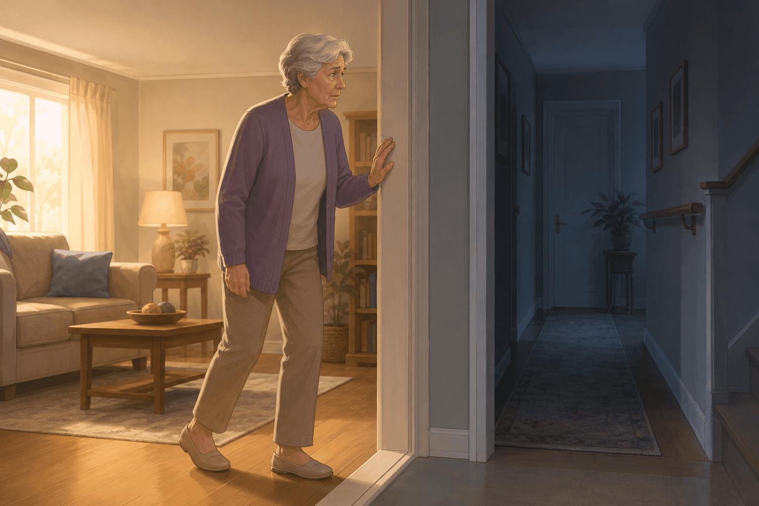 An older adult stands at a threshold between a warm, well-lit living room and a dimmer hallway, with one foot forward and the other drawn back, conveying hesitation and fear of moving through the home.
