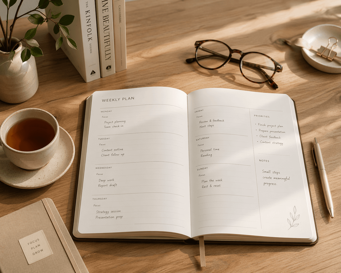 Open weekly planner with tea, glasses, and soft natural light