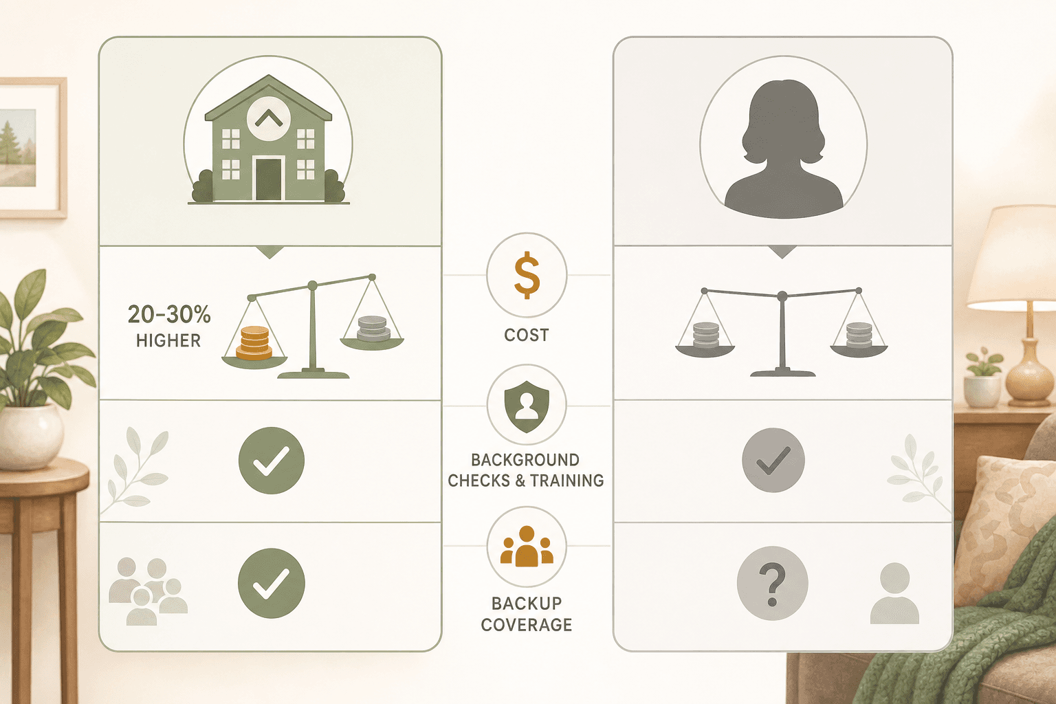 A side-by-side comparison showing an agency column with a higher cost scale and checkmarks for background checks and training, and an independent column with a question mark for backup coverage.
