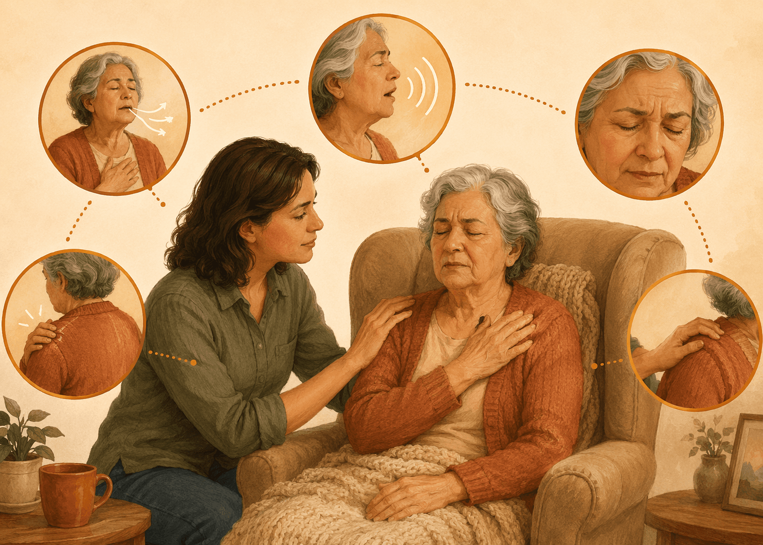 A warm-toned editorial illustration showing a caregiver seated beside an older parent in an armchair, with five subtle behavioral observation zones radiating outward.