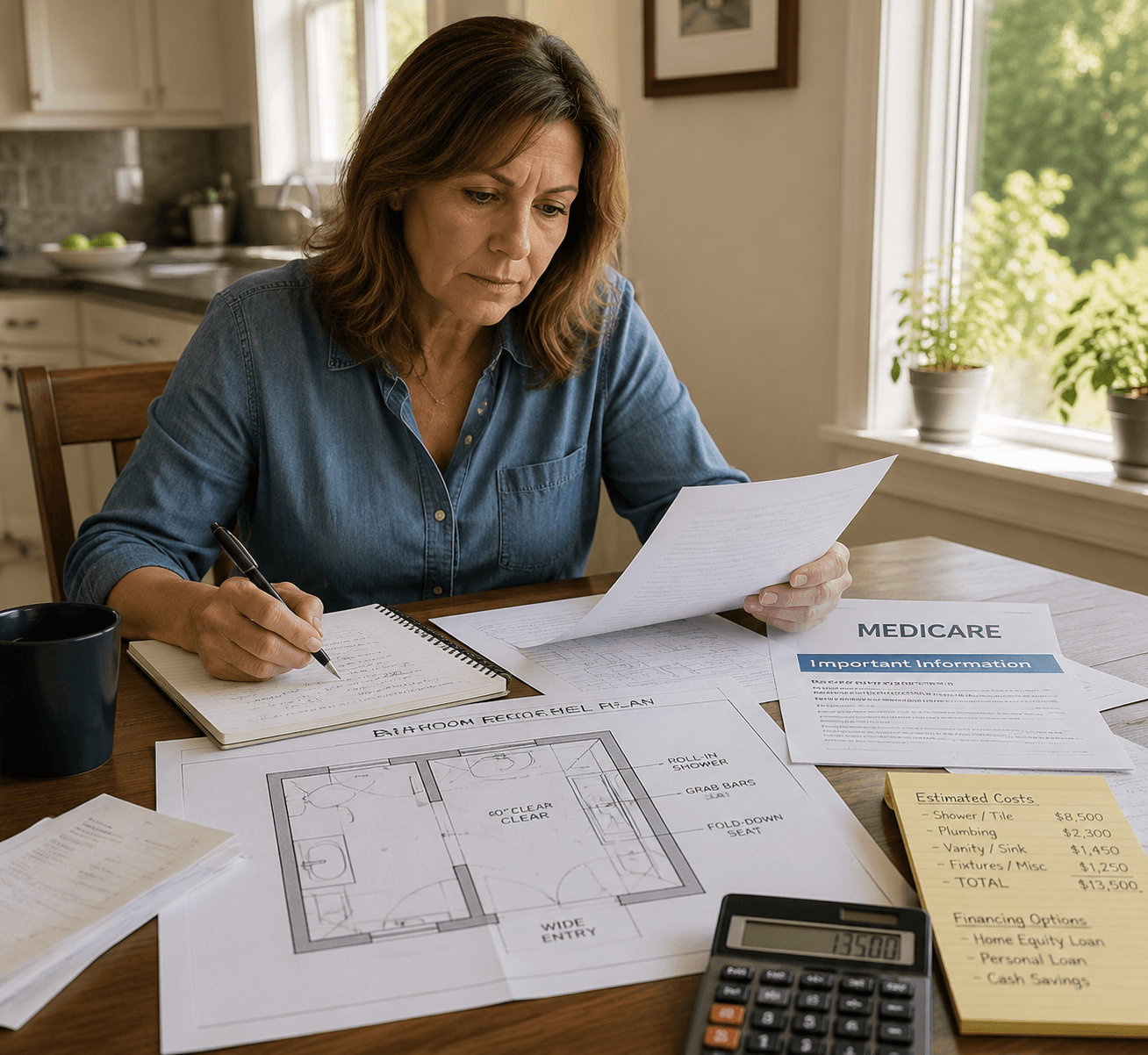 A caregiver reviewing Medicare notices, financial papers, and a senior-accessible bathroom plan at a kitchen table