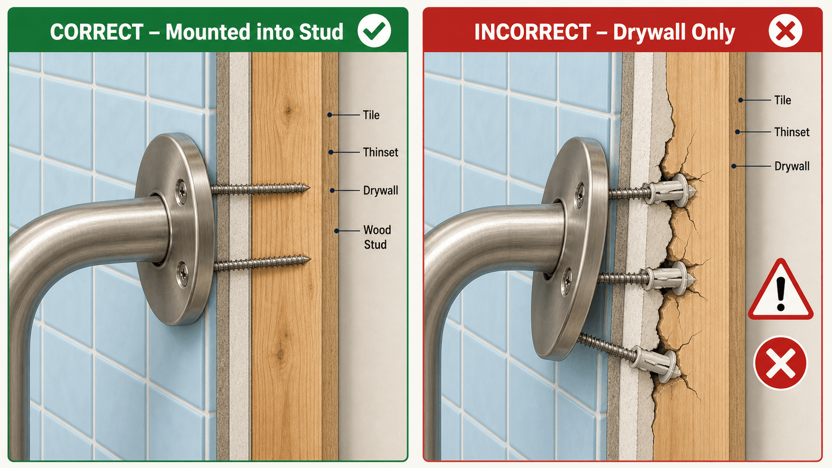 Side-by-side comparison illustration showing a correct grab bar installation with screws into a wooden stud (checkmark) versus an incorrect installation with drywall anchors pulling out, tile cracking, and the flange tilting (X icon and warning symbol).