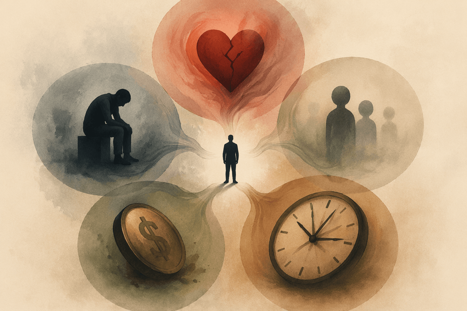 Illustration of emotional strain, physical exhaustion, social withdrawal, financial pressure, and time scarcity around a caregiver figure