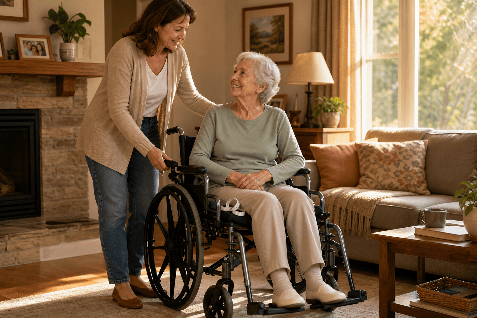 A sunlit living room scene showing a middle-aged adult child standing beside an elderly parent seated in a properly fitted manual wheelchair. The caregiver's hand rests on the wheelchair brake, the elderly person's feet are flat on the footrests with knees at 90 degrees, and large rear push rims indicate self-propulsion. A soft measuring tape rests on the seat cushion. Warm earth tones and natural light create a gentle, reassuring mood.