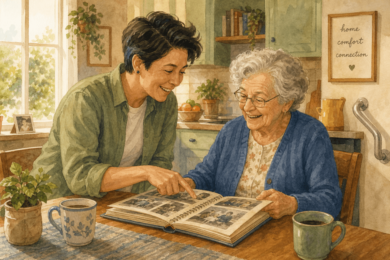 A companion caregiver and an older woman sit at a kitchen table looking at a photo album together in warm natural light.
