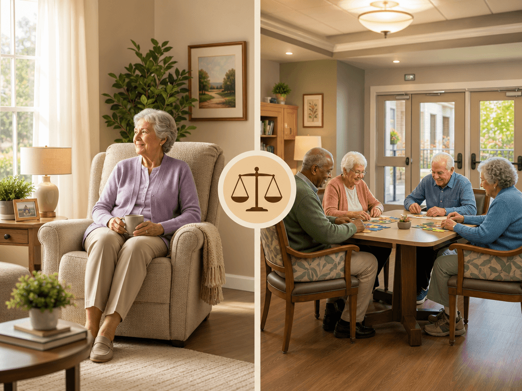 Split-comparison illustration showing a calm home living room on the left representing 24/7 in-home dementia care, and a bright memory care common area with secured doors and a small group engaged in activities on the right.