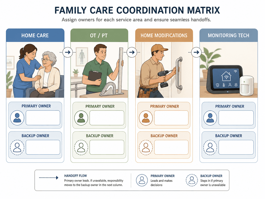 A responsibility assignment matrix showing four columns for Home Care, OT/PT, Home Modifications, and Monitoring Tech, with rows for Primary Owner and Backup Owner.