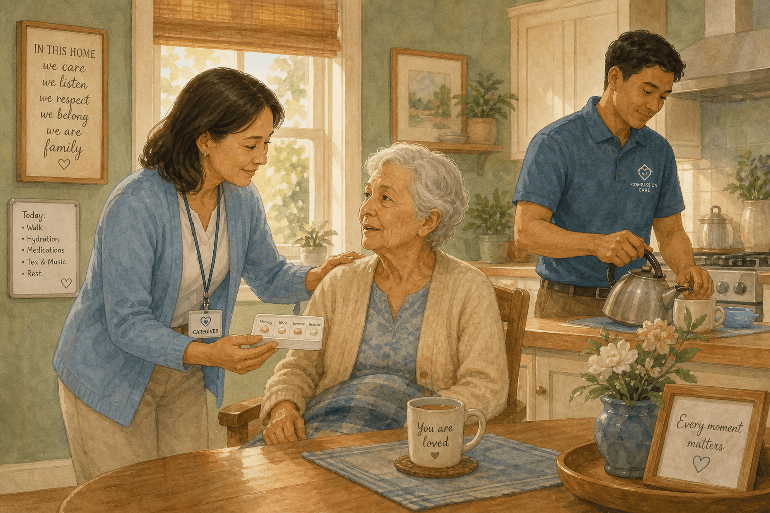 Two professional caregivers and a calm elderly person seated at a kitchen table; one caregiver gently offers a medication reminder while the other prepares tea in a warm, homelike setting.
