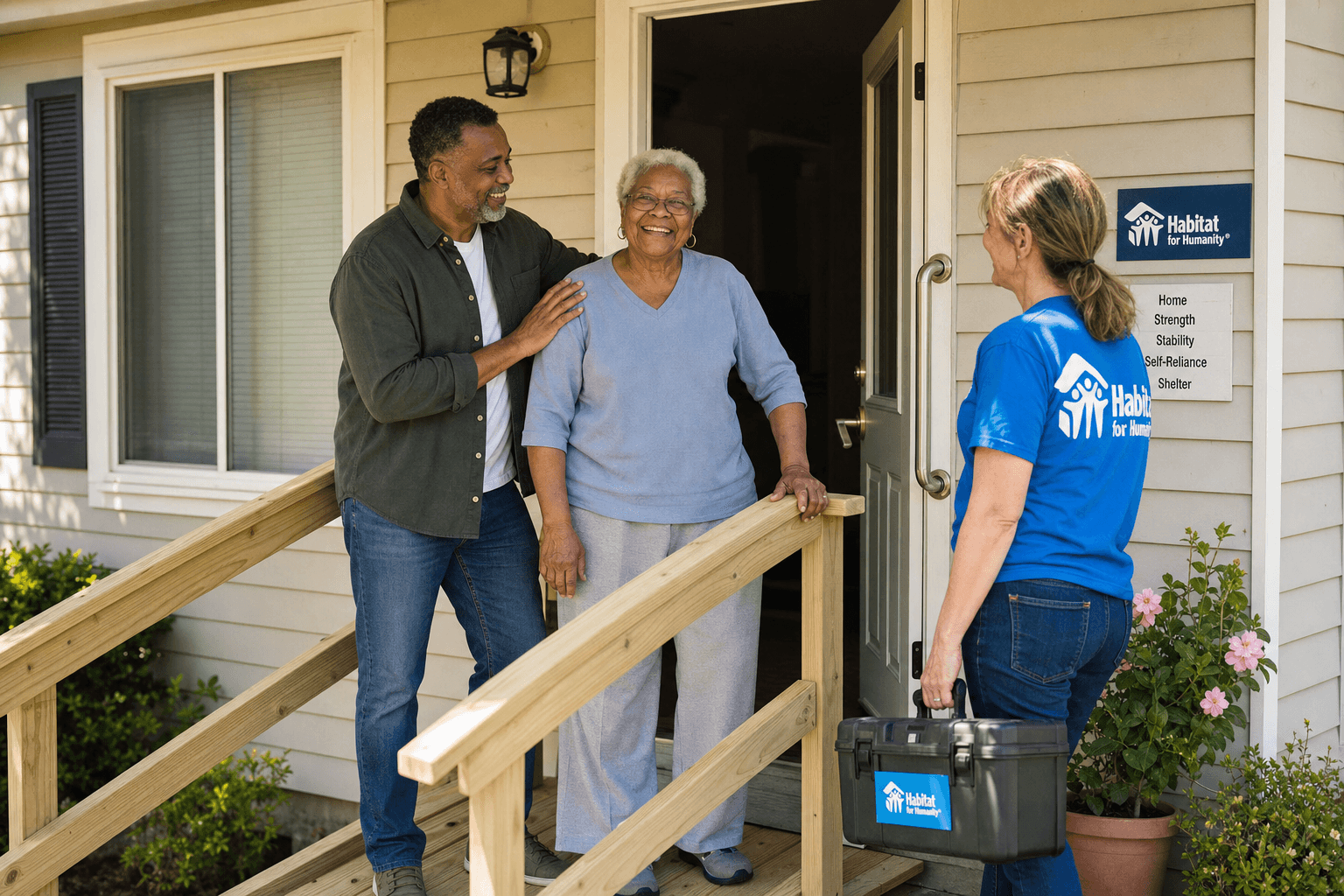 A multi-generational family at the entrance of a home with a newly built wooden ramp, handrail, and visible grab bar. A Habitat volunteer is present on the porch.