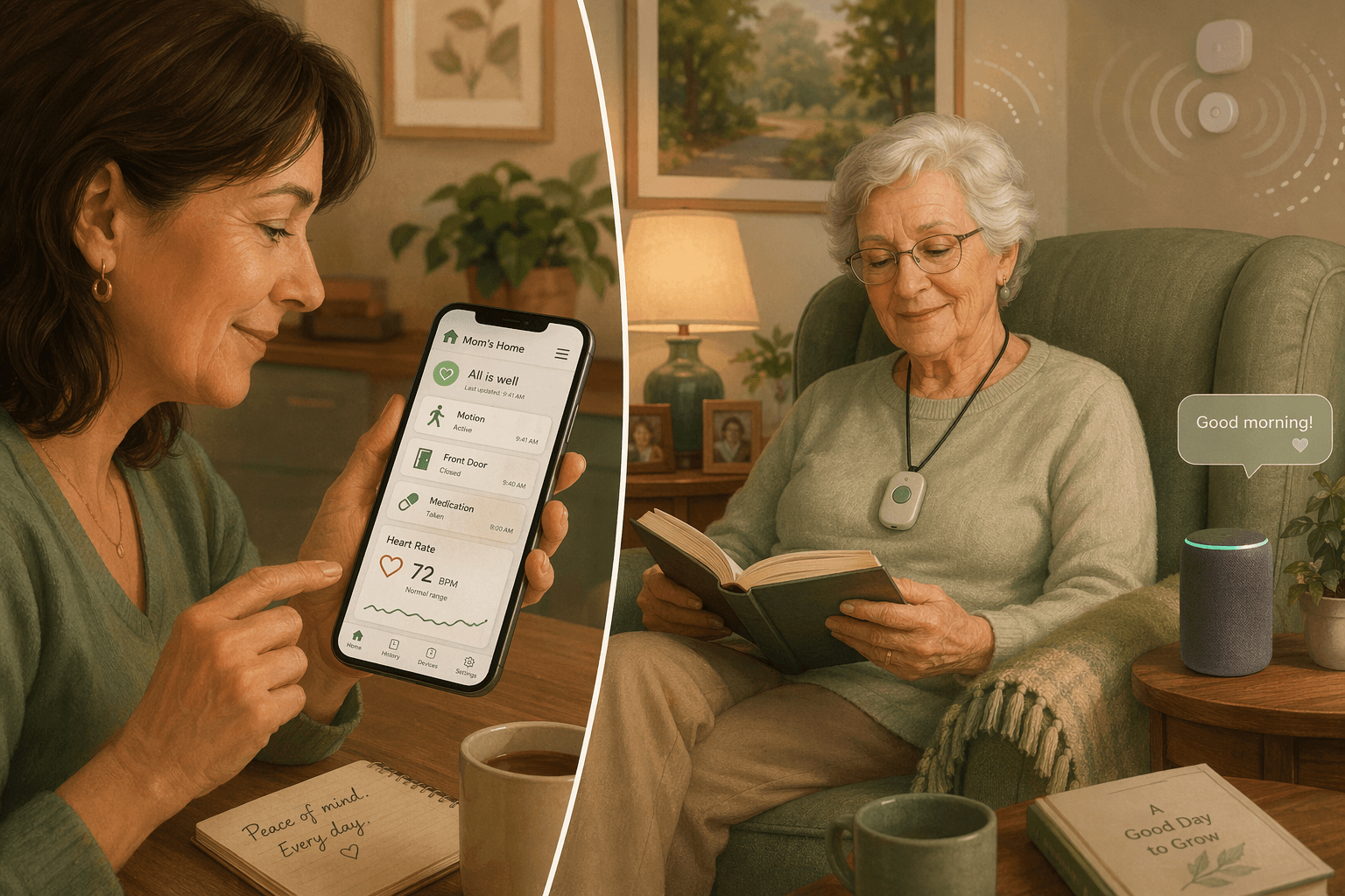 Split-screen illustration: adult daughter viewing a care dashboard on her smartphone while her elderly parent reads peacefully at home wearing a pendant alert device.