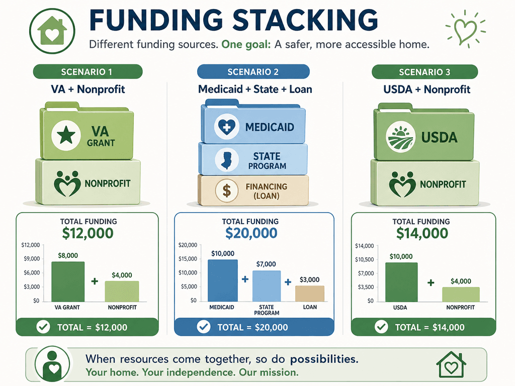 A funding stacking illustration showing three column scenarios side by side: VA Grant stacked with Nonprofit icon labeled 'VA + Nonprofit', Medicaid folder stacked with State Program and Financing icons labeled 'Medicaid + State + Loan', and USDA folder stacked with Nonprofit icon labeled 'USDA + Nonprofit', each with a bar chart below.