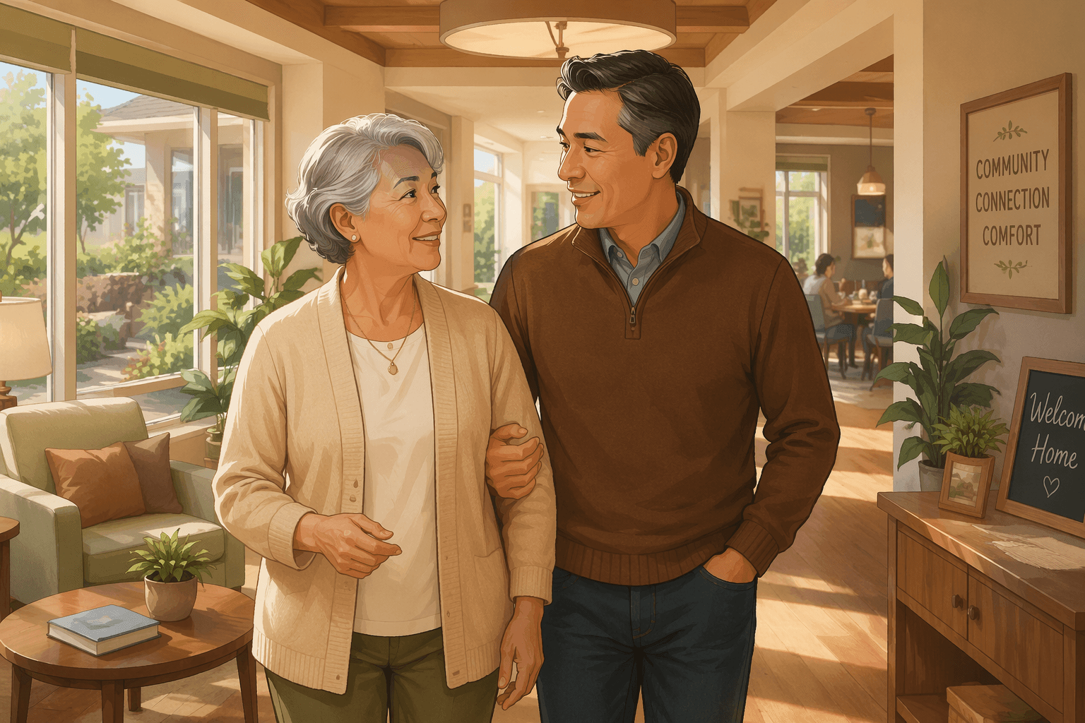 A middle-aged adult child and their elderly parent standing together in a sunlit senior living community hallway, the adult child's hand resting on the parent's arm.