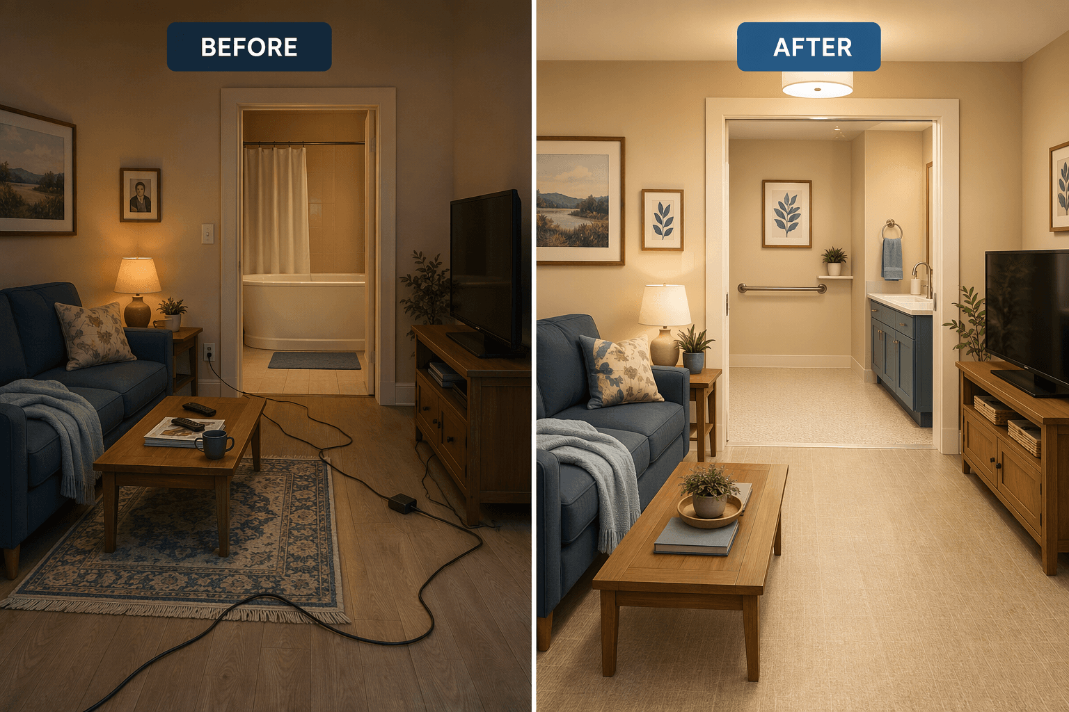 Split-view illustration of a room before and after home modifications. The left side shows fall hazards: throw rug, dim lighting, cords crossing the path, high bathtub edge. The right side shows the same room with bright lighting, wide clear doorway, grab bar, non-slip flooring, lever-handle faucet, and clear walking path.