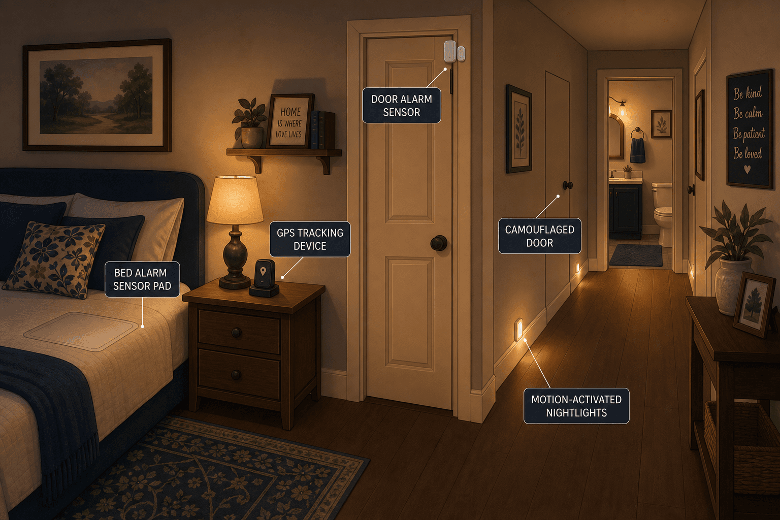 An editorial illustration of a safe nighttime home environment for dementia care, showing a bed alarm sensor pad on the mattress, motion-activated nightlights along a path to the bathroom, a door alarm sensor on the door frame, a GPS device on a nightstand, and a camouflaged door blending into the wall.