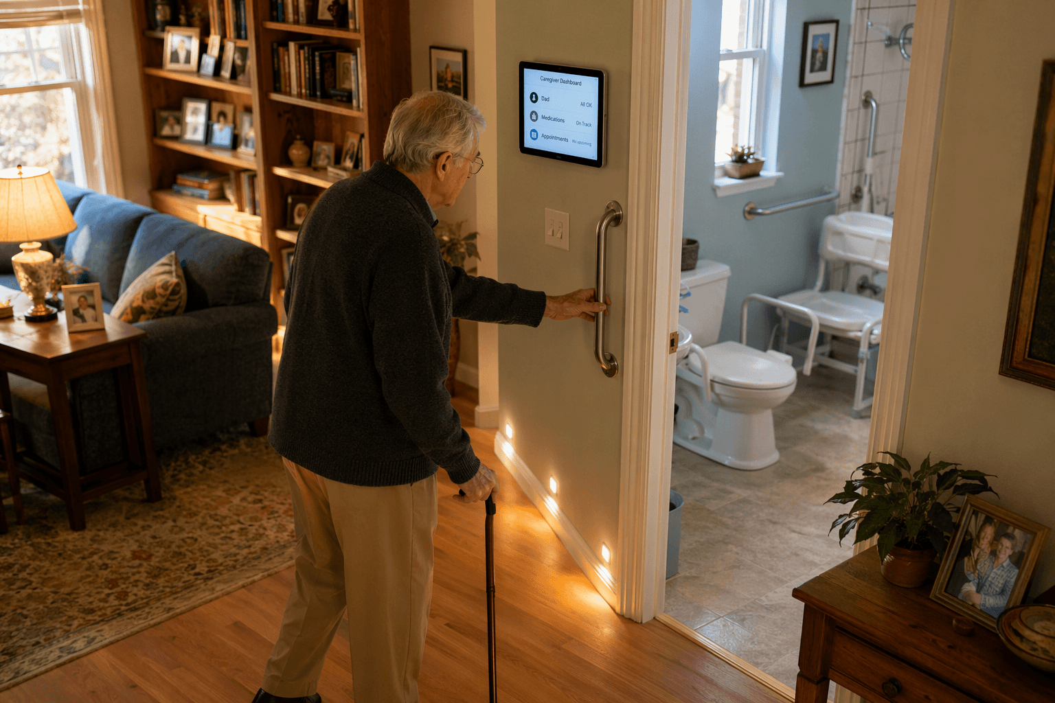 An older adult using a cane walks past a bathroom doorway with a grab bar, raised toilet, and shower chair. Motion-sensor night lighting glows along the hallway baseboard. A wall-mounted smart display is visible. Books and personal items on a shelf create a warm, lived-in atmosphere.