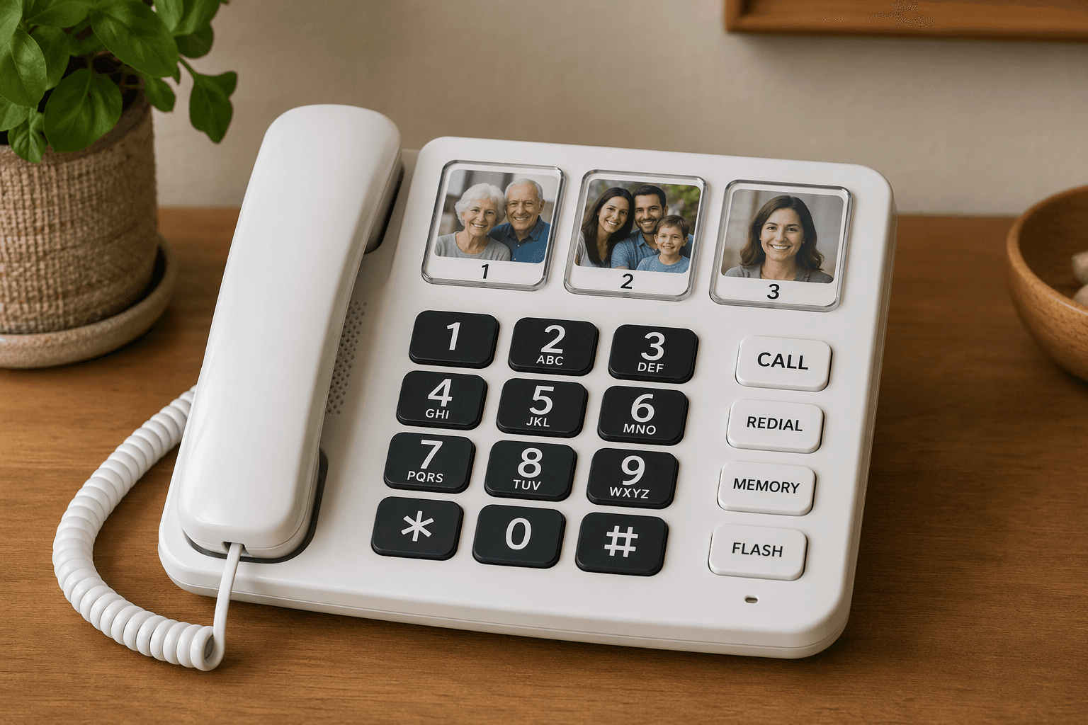A simplified landline telephone with oversized numbered buttons and a row of photo memory buttons on the top, each with small printed family photos beneath clear covers, resting on a wooden table in warm natural light