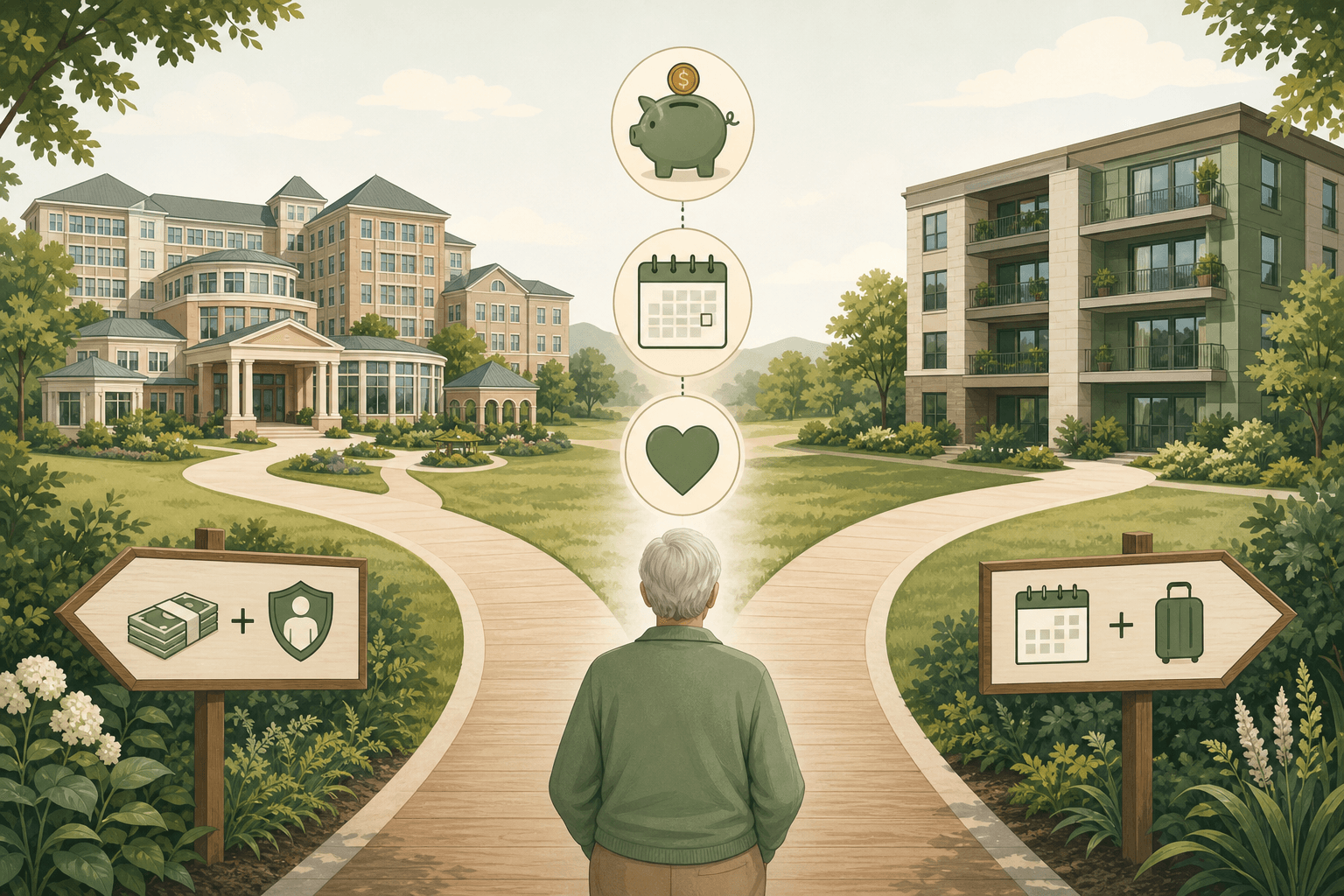 An editorial illustration showing a decision pathway branching into two routes. The left path leads to a multi-building CCRC campus with symbols for lifetime predictable costs. The right path leads to a simpler rental apartment building with symbols for monthly flexibility. Small icons including a piggy bank, calendar, and heart sit between the paths representing key decision factors. Warm sage green, cream, and wood tones.