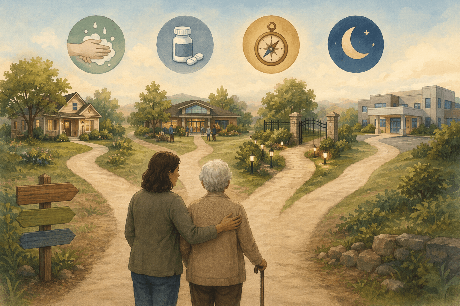 Adult child and elderly parent standing at a crossroads with icons for bathing help, medication management, wandering risk, and overnight supervision