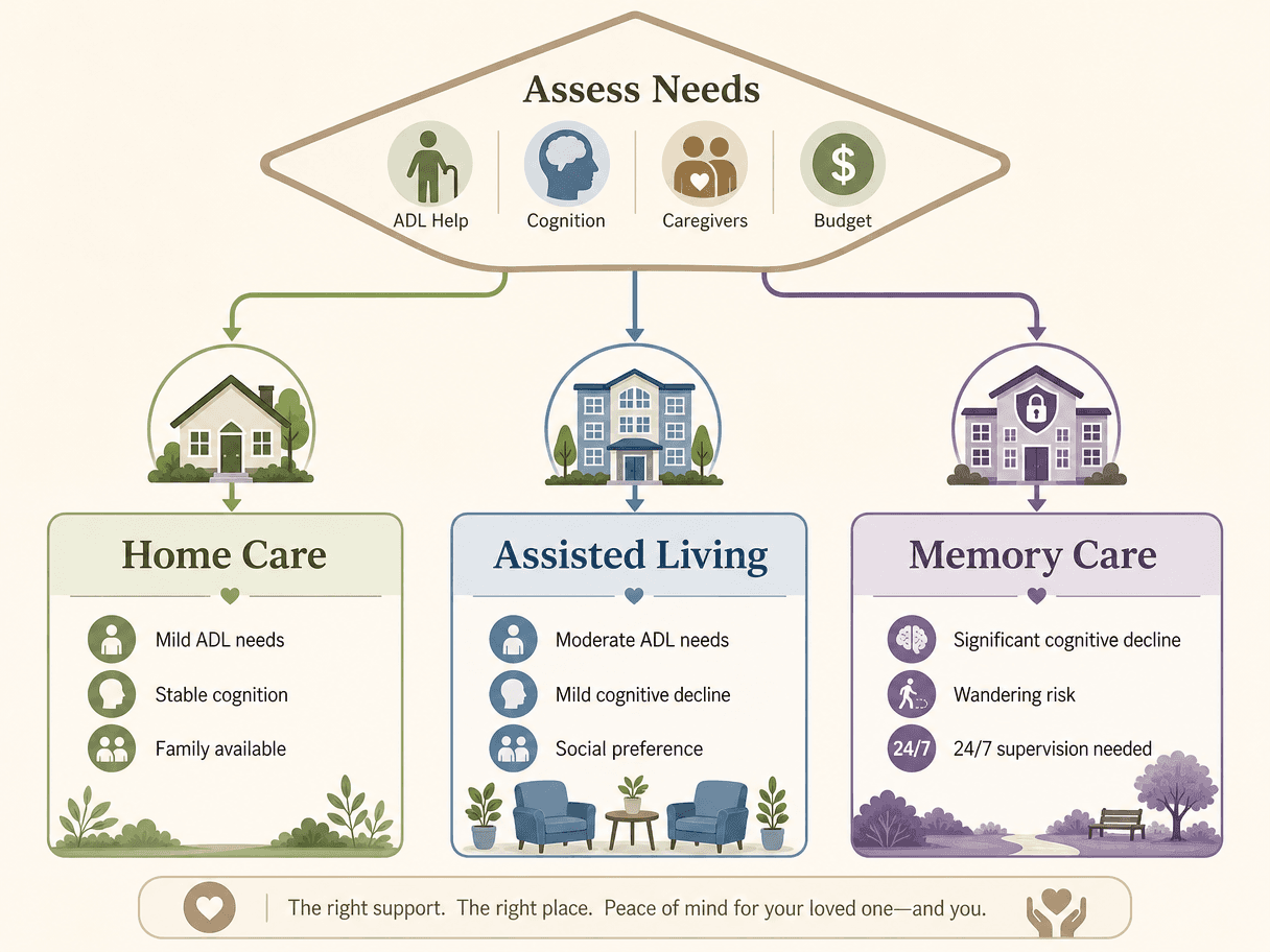 A decision flowchart illustration for choosing senior care, with three paths leading to Home Care, Assisted Living, and Memory Care.