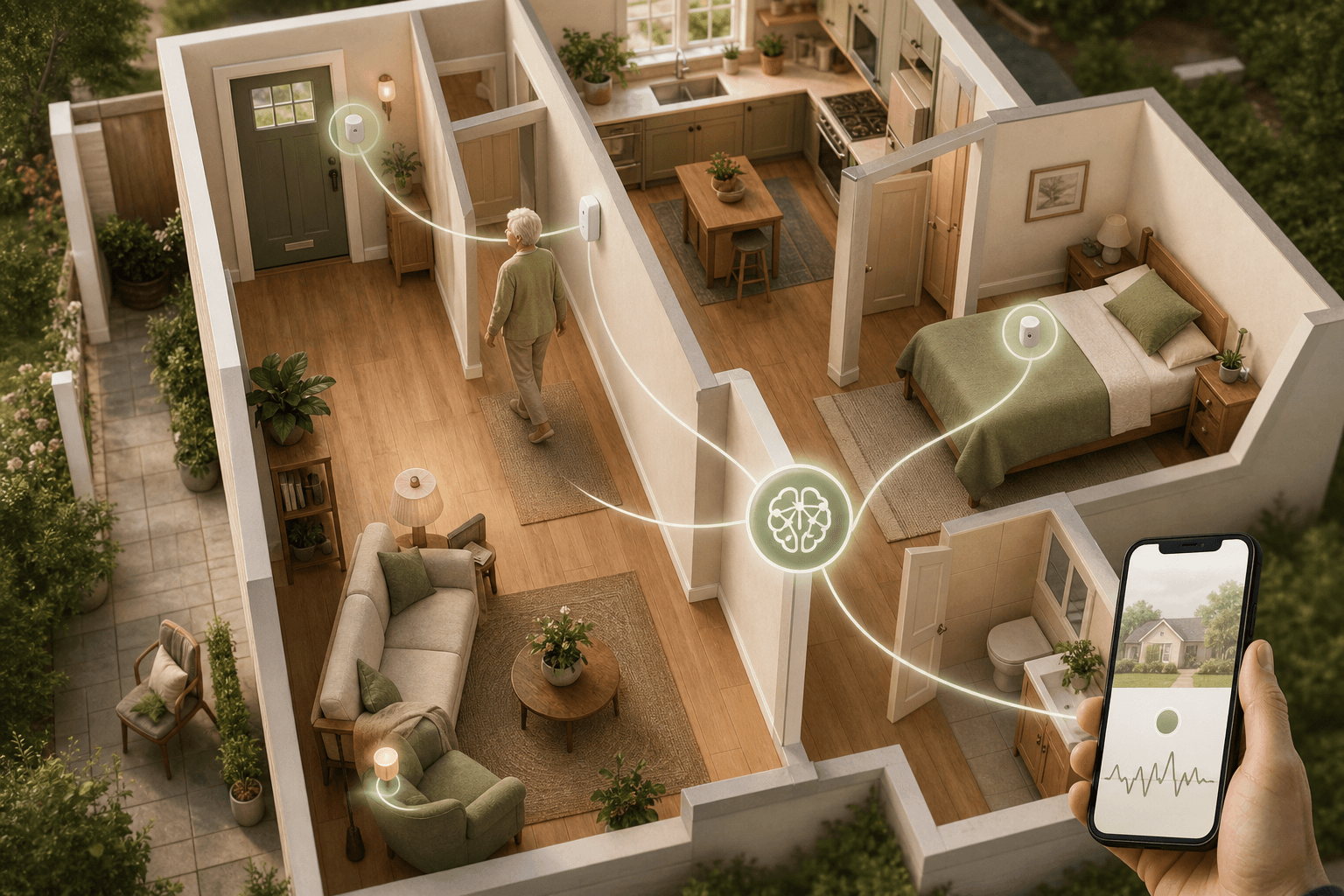 Cutaway illustration of a home floor plan showing motion, door, bed, and chair sensors with data flowing to a caregiver smartphone.