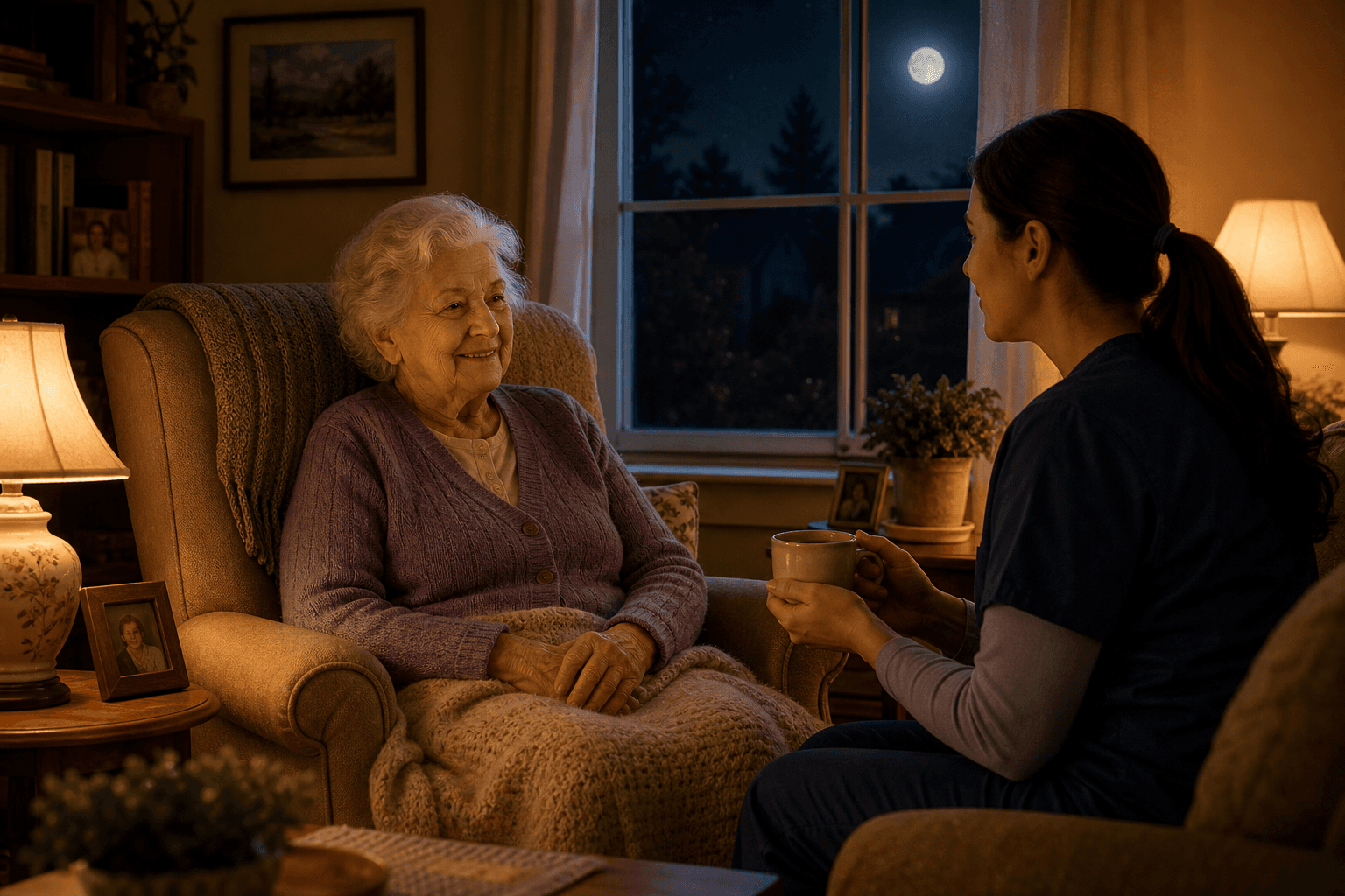 A softly lit living room at night with moonlight visible through a window. A senior in an armchair sits near the window while a caregiver sits nearby holding a cup of tea, attentive and awake.