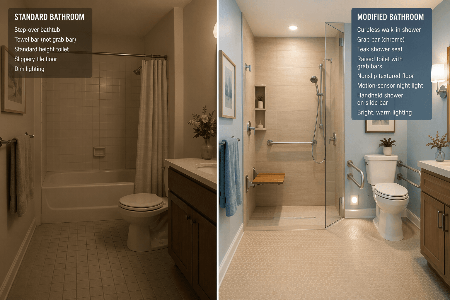 Split-view editorial illustration comparing a standard bathroom (left, muted sepia tones) with step-over tub, towel bar, regular toilet, and dim lighting, alongside a modified bathroom (right, bright warm tones) featuring curbless walk-in shower with grab bar and teak seat, raised toilet with grab bars, nonslip flooring, motion-sensor night-light, and handheld showerhead on a slide bar.