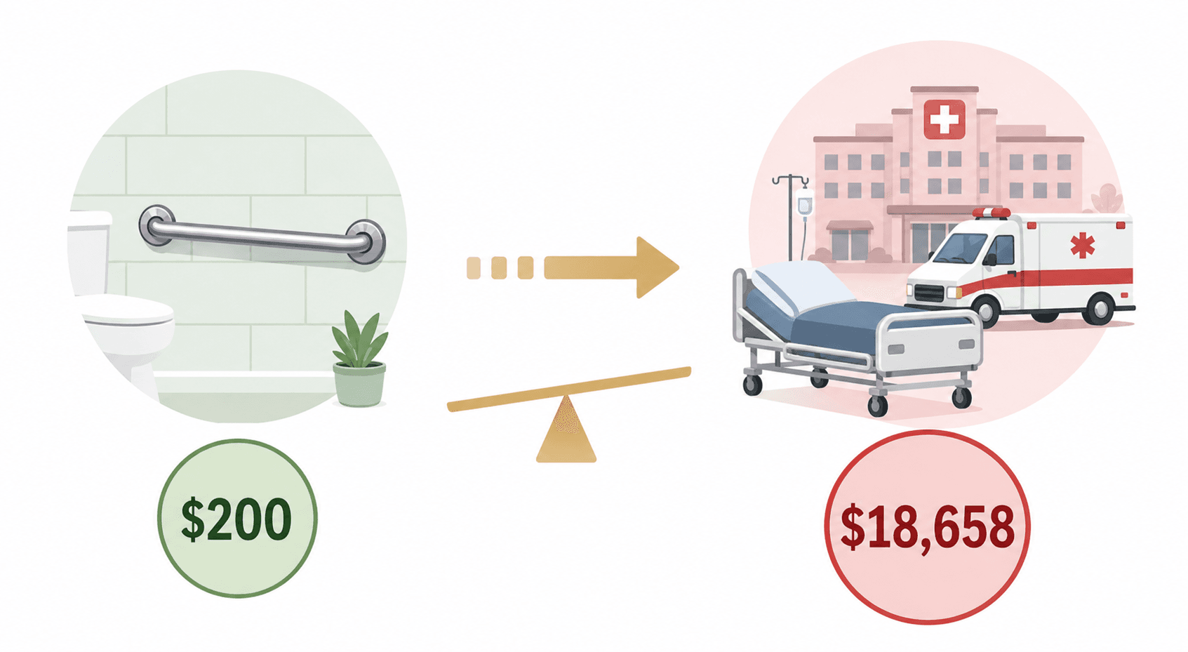 A side-by-side cost comparison illustration showing a grab bar icon with a $200 label in a green circle on the left and a hospital bed icon with a $18,658 label in a red circle on the right, with an arrow between them.
