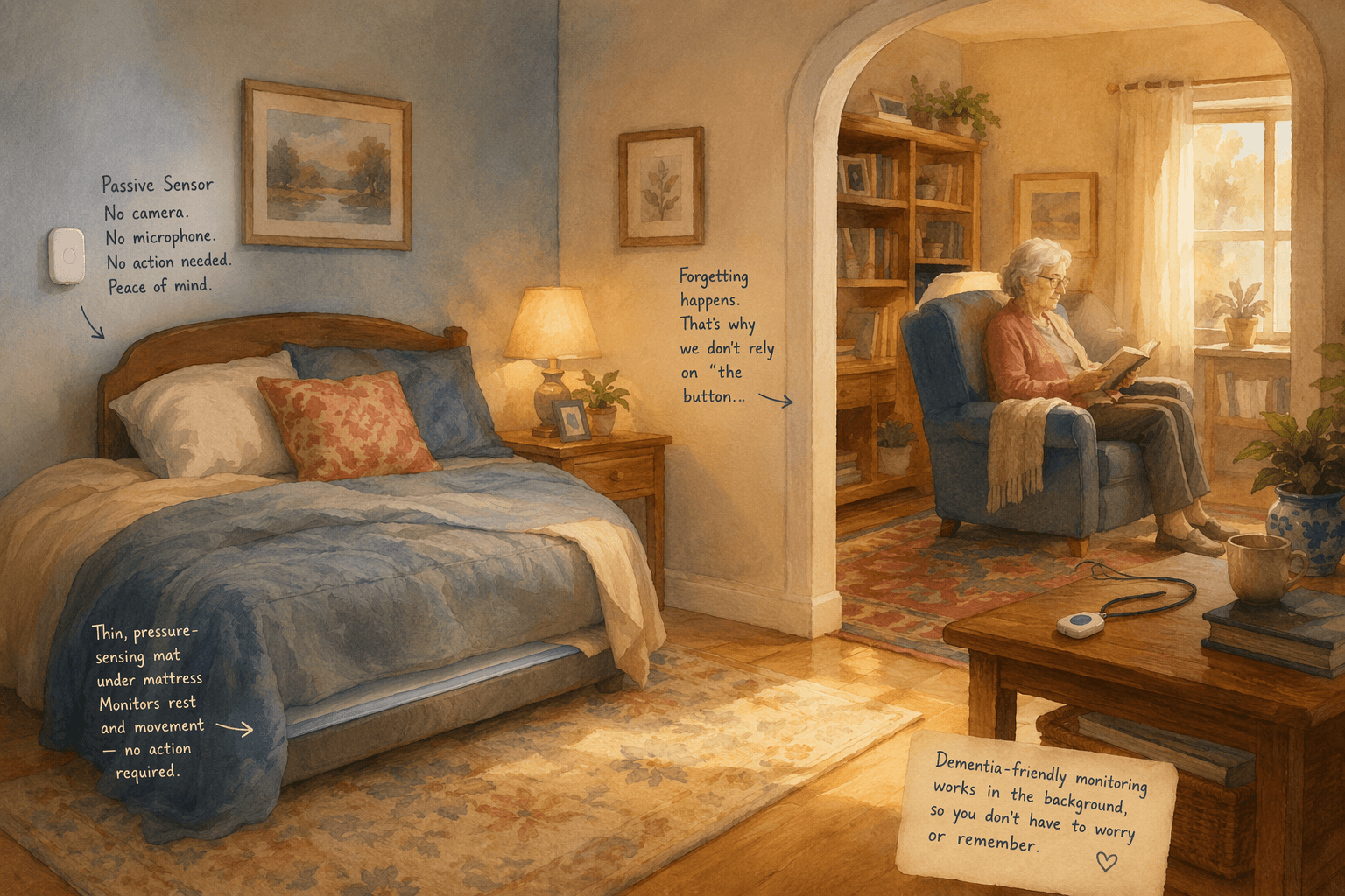 A warm watercolor-style home interior showing a peaceful bedroom with a passive sensor on the wall and a pressure mat under the mattress, contrasted with a living room where a medical alert pendant lies forgotten on a coffee table while an elderly person reads nearby.