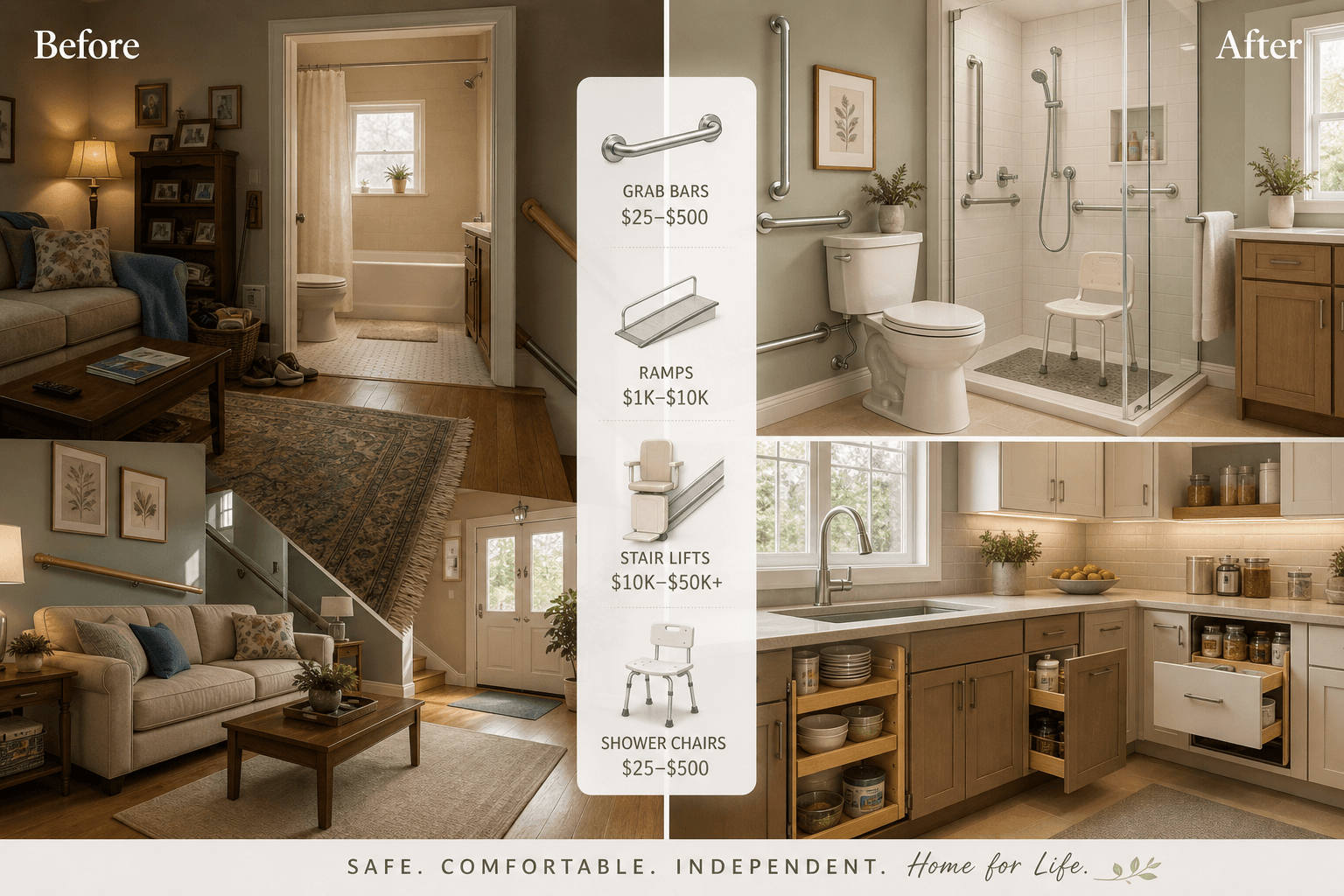Split-view illustration of a home showing before hazards on the left and after modifications on the right, with a center overlay showing cost-tier icons.