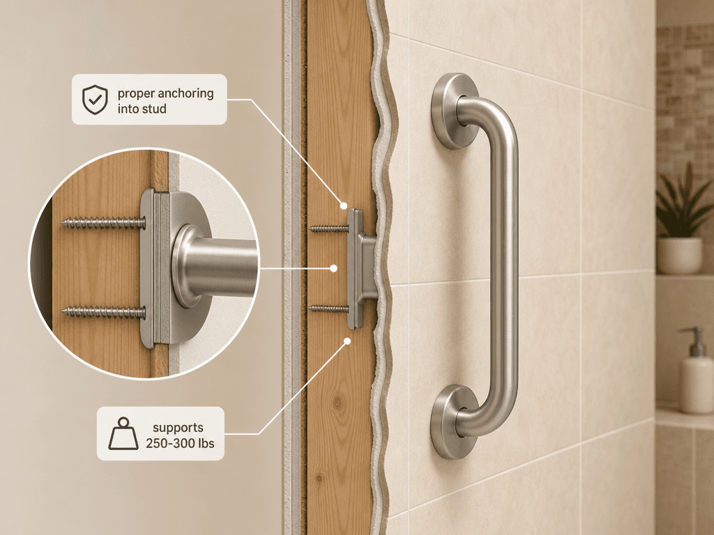 Cross-section cutaway of a wall showing a brushed nickel grab bar anchored into a wooden stud with screws, with a close-up callout and labels indicating proper stud anchoring and 250-300 lb weight support.
