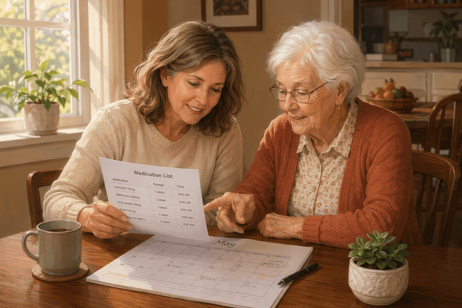 A middle-aged daughter and her elderly mother seated at a kitchen table, reviewing medication lists and a calendar together in natural daylight.