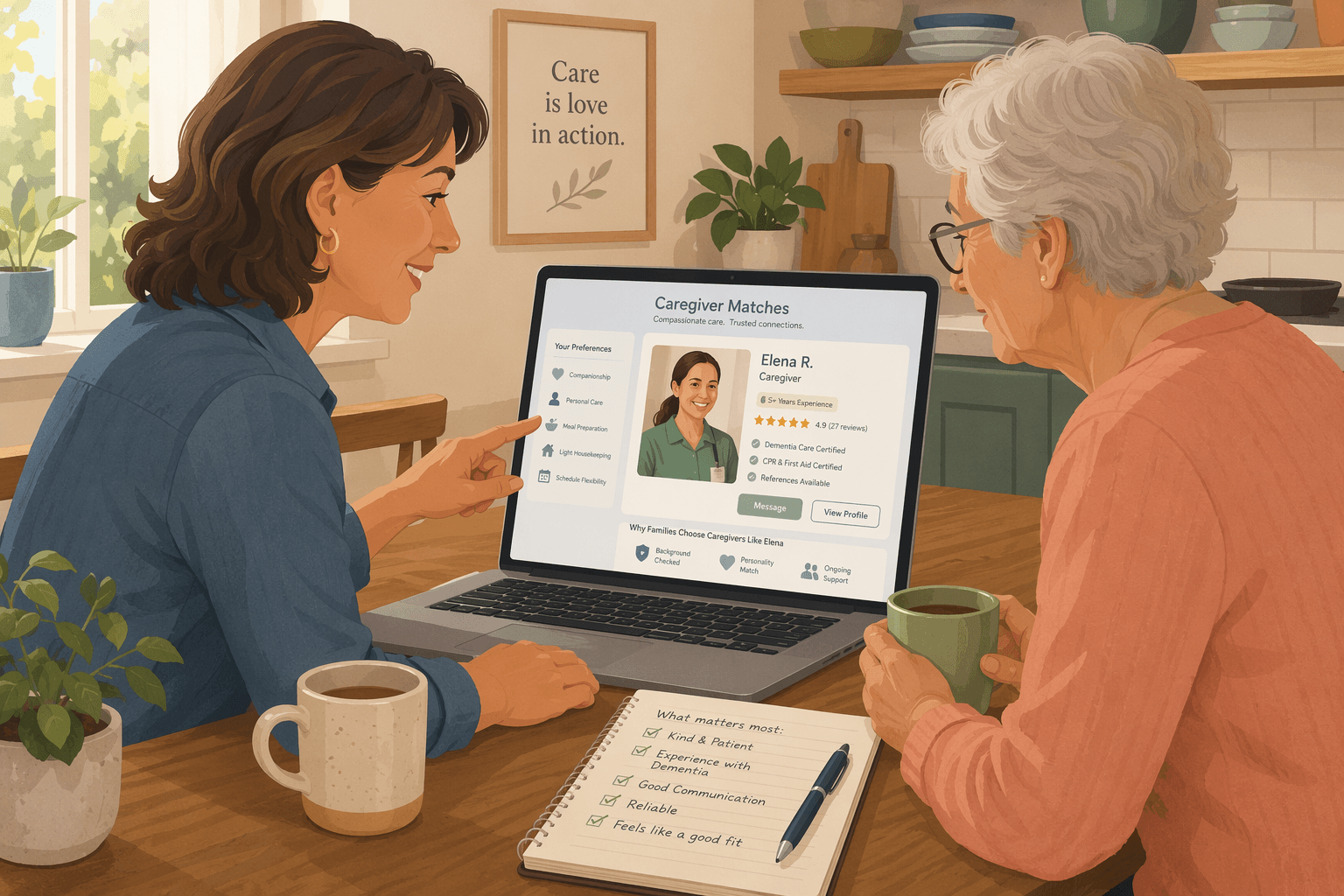 A middle-aged adult child and an elderly parent sitting at a kitchen table, looking at a laptop showing a caregiver profile page.