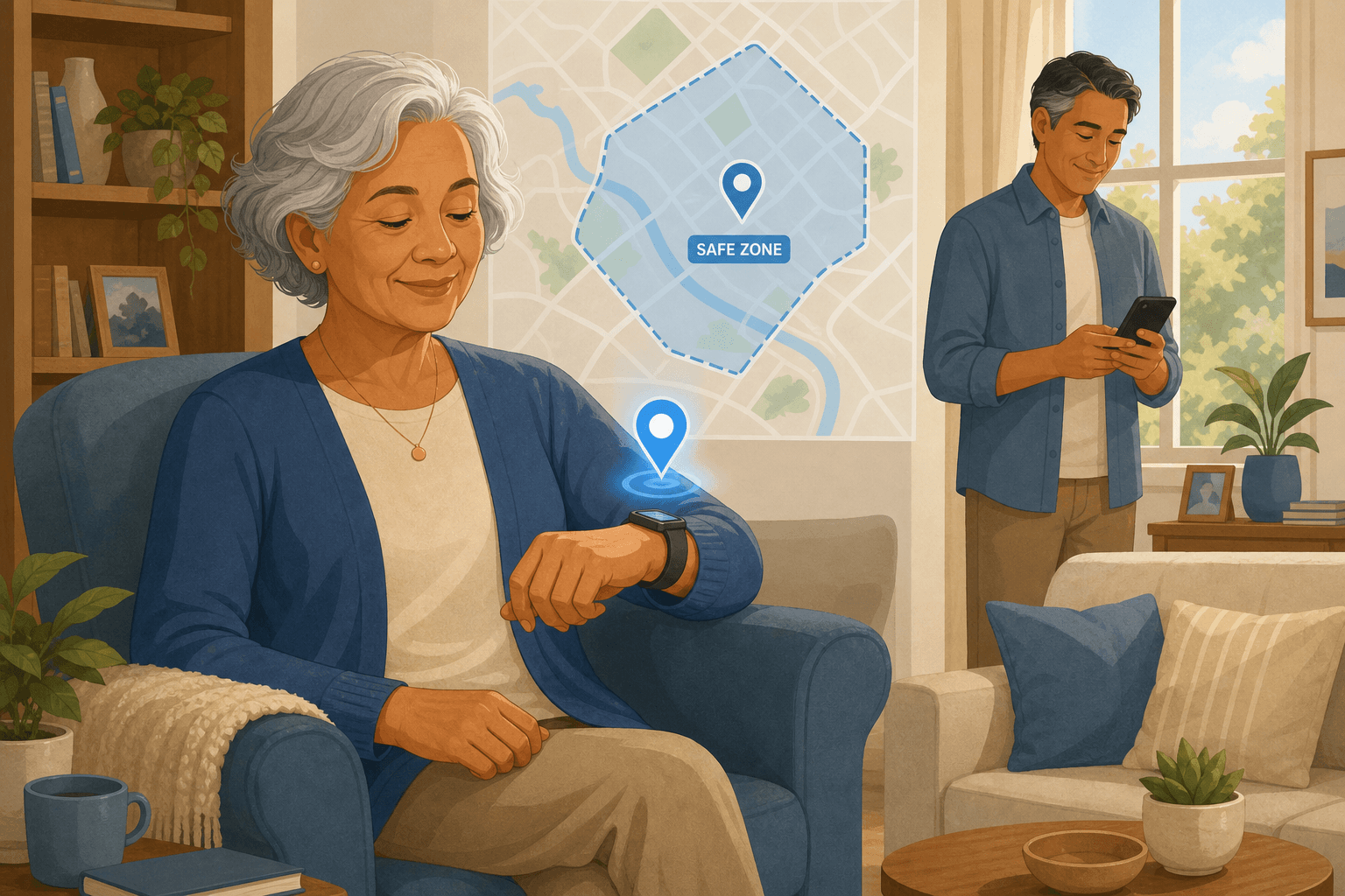 An older adult wearing a discreet smartwatch-style GPS device while an adult child checks a smartphone in the background.