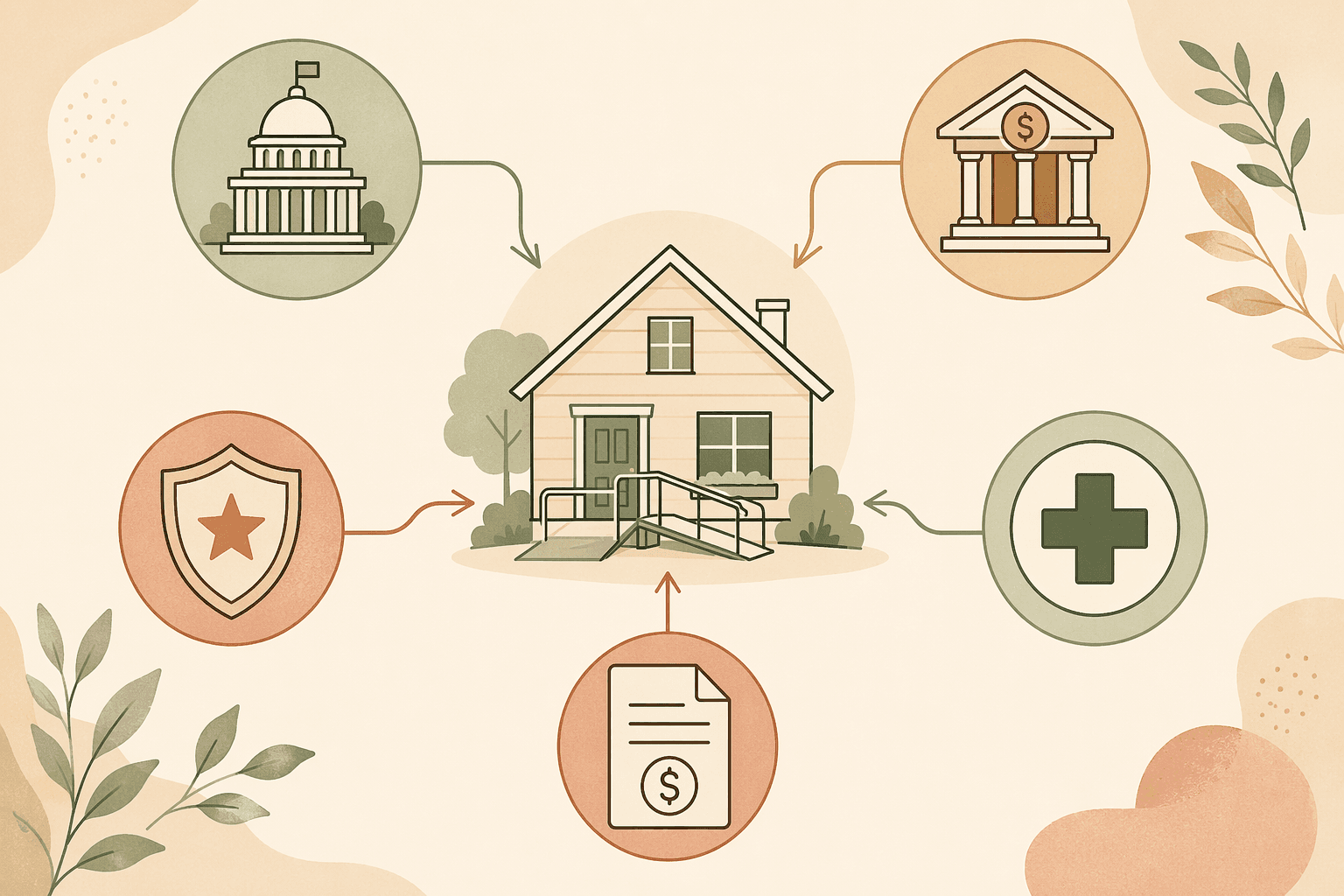 An editorial flat-lay illustration on a warm cream background showing a central house icon surrounded by connected icons representing different home modification funding pathways: a government building for grants, a bank for loans, a shield for veterans benefits, a medical cross for insurance and Medicaid, and a tax document for deductions.