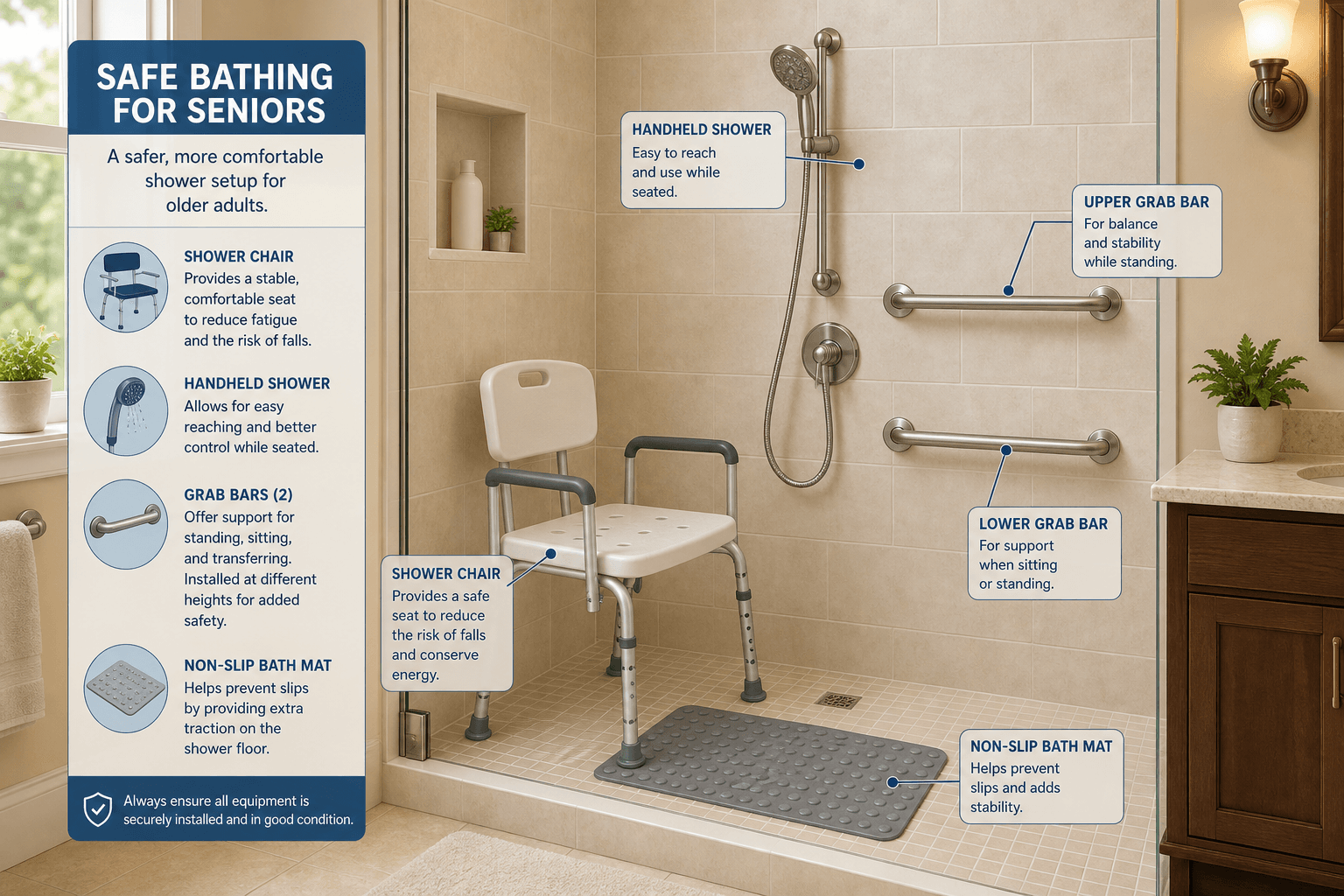 A residential bathroom with safety modifications: walk-in shower with shower chair, handheld sprayer, and two grab bars at different heights on beige tiles, with a non-slip bath mat on the floor.