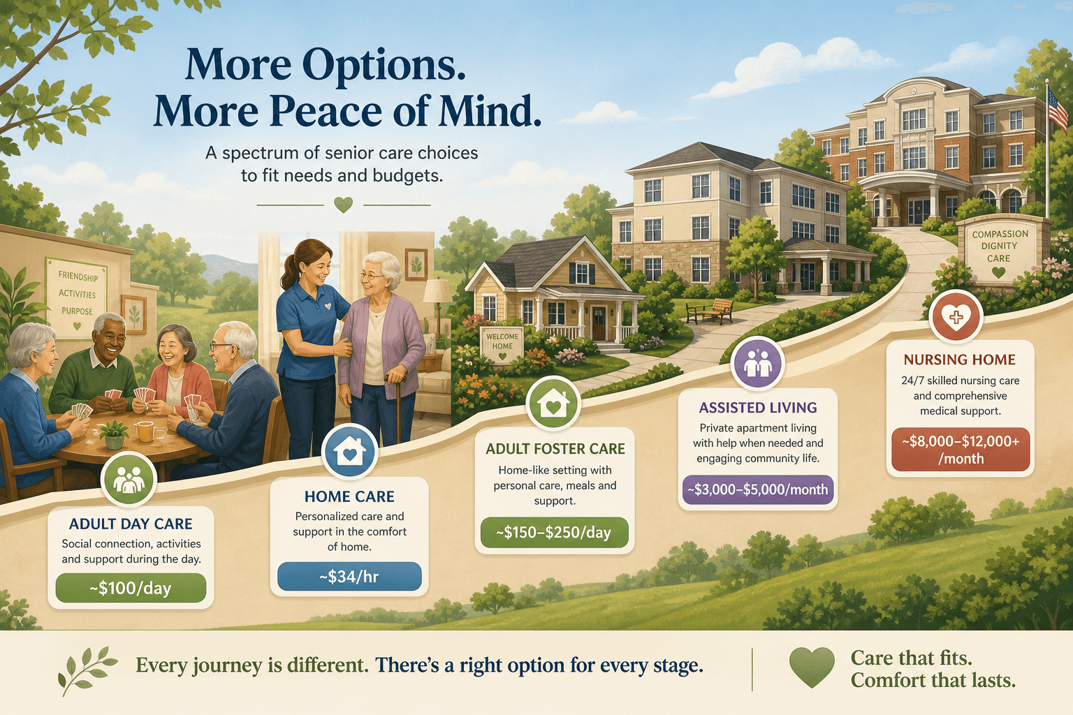 A flat-vector illustration showing a gentle upward spectrum of senior care options from left to right: adult day care with seniors at a community table (~$100/day badge), in-home care with an aide in a living room (~$34/hr), a small adult foster care home, an assisted living building, and a nursing home building at the far right, each with clean price badges against a soft blue and warm green background.