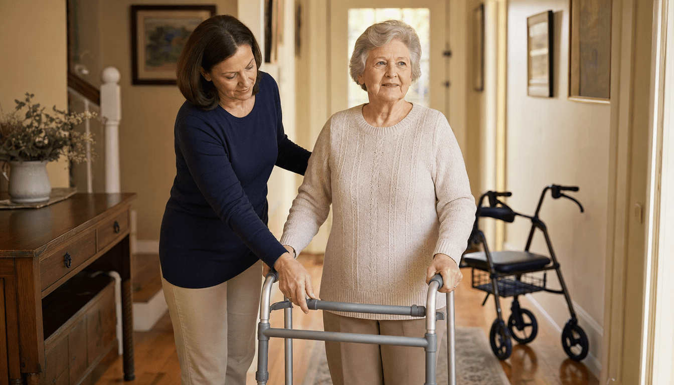 A daughter in her late 40s adjusts a standard walker for her elderly mother in a home hallway, with a rollator visible in the background.