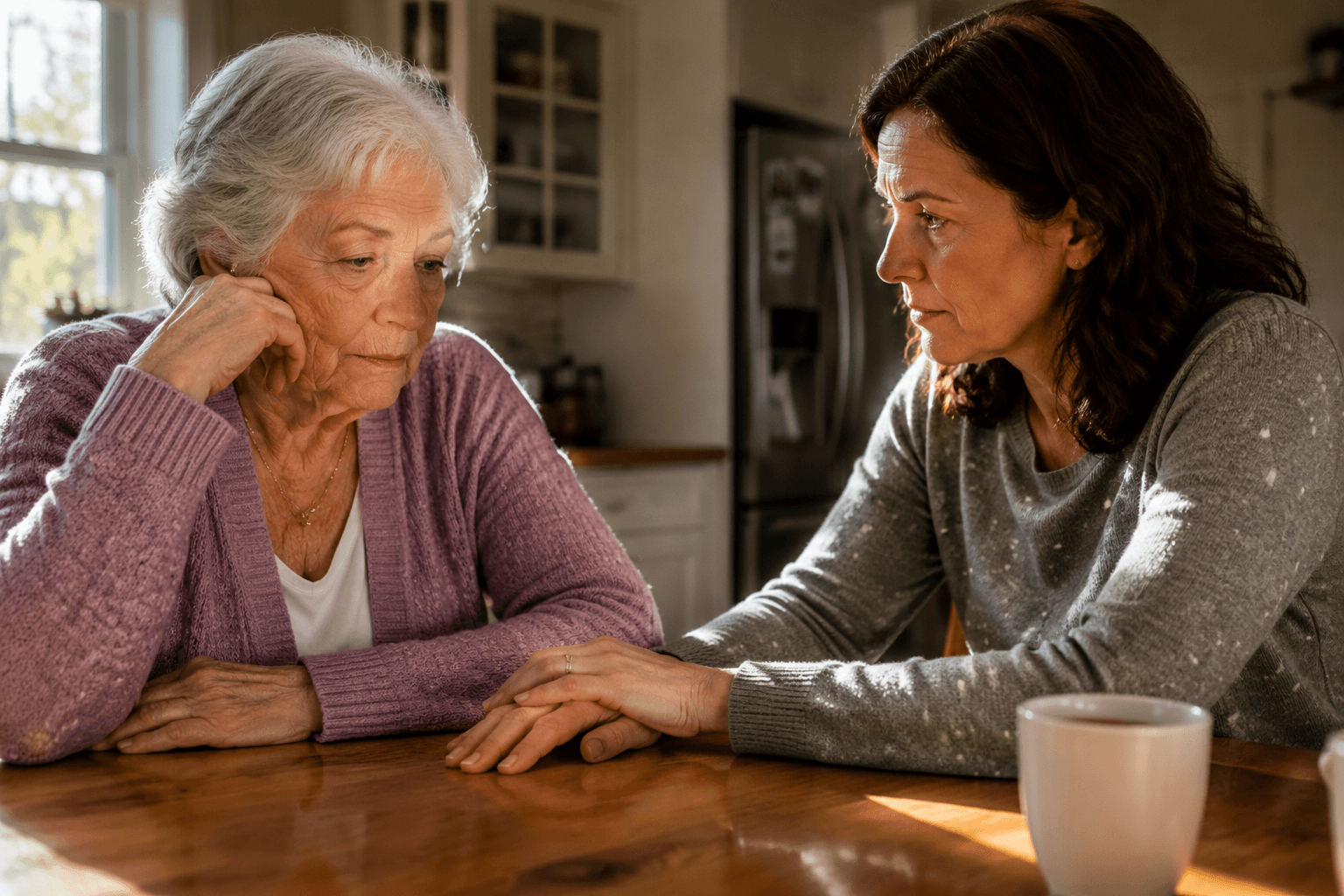 An older woman and adult daughter having a careful conversation at a kitchen table