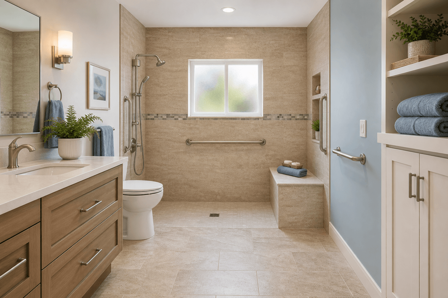 A bright, modern accessible bathroom with a curbless walk-in shower featuring a built-in bench, brushed nickel grab bars, a comfort-height toilet, and slip-resistant natural stone tile flooring, bathed in soft natural light with warm beige tones and a potted plant.