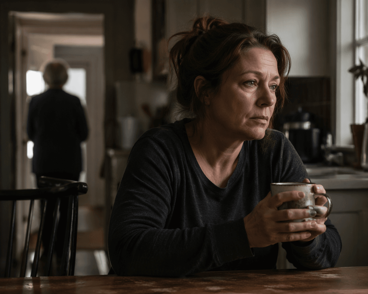 Exhausted middle-aged caregiver sitting alone at a kitchen table while an elderly parent stands in the background