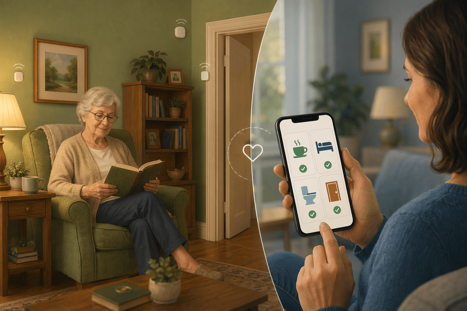 Split view of a home: an elderly person reading in a cozy living room with small white sensor icons on walls and doorframe, and an adult child viewing a smartphone dashboard with routine activity icons.