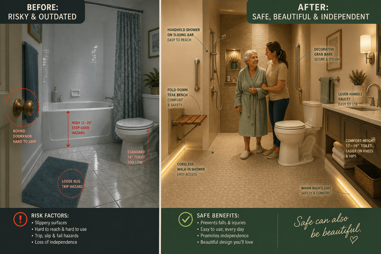 Split-composition editorial illustration: left side shows a traditional bathroom with a high-walled bathtub, glossy tiles, and red hazard indicators; right side shows the same bathroom remodeled with a curbless walk-in shower, teak bench, grab bars, comfort-height toilet, non-slip flooring, and warm lighting, with a caregiver and older adult using the space safely.