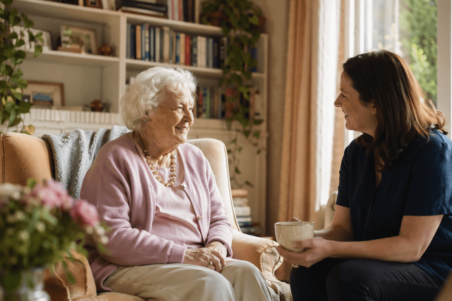 Older woman talking with a companion care worker over tea in a warm living room