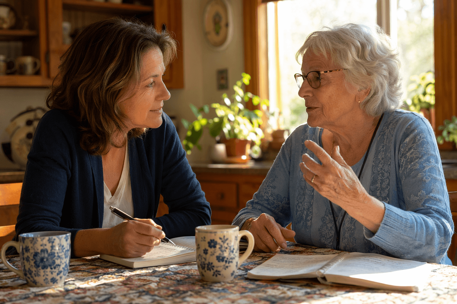 An adult daughter in her 40s sits at a sunlit kitchen table with her elderly mother, both with open notebooks and a cup of tea between them. The daughter listens attentively, pen in hand, while the mother speaks. Soft window light, warm home setting with plants.